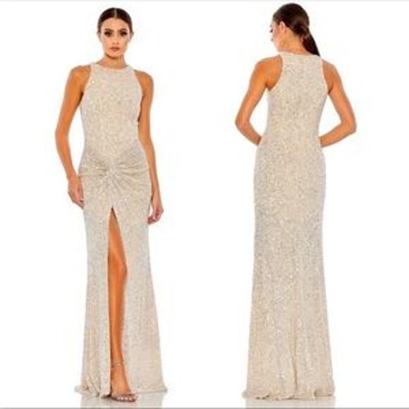 MAC DUGGAL Sequined High Neck Nude Silver Side Knot Gown 42025 Size 12 NWT